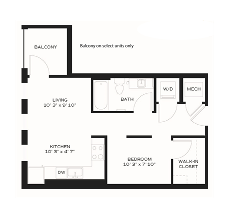 Floor plan for studio, 1 bath, 537 sqft
